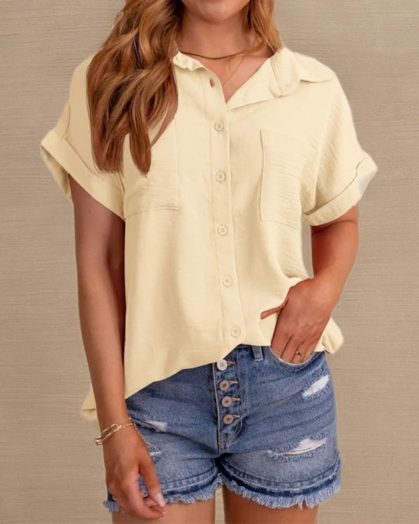 Womens Short Sleeve Button Down Shirts Casual Loose Fit Summer Shirt Blouses Tops with Pockets