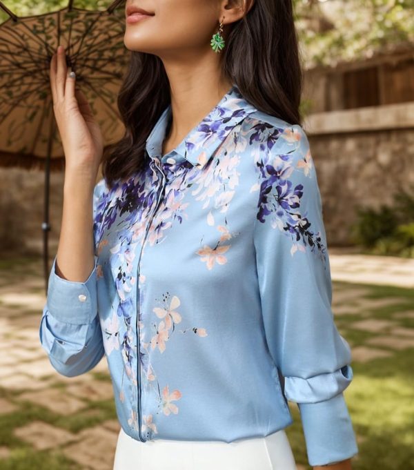 Women's Printed Flowers Commercial Long Sleeved Casual Loose Lapel Button Down Shirt Blouse Tops.