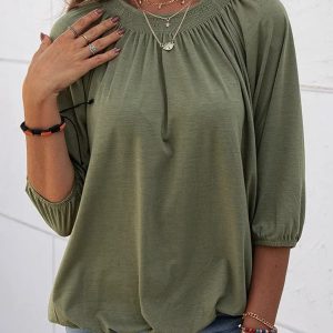 Women's Solid Crew Neck T Shirt Blouse Cotton Half Sleeve 3/4 Sleeve Casual Loose Pleated Basic Tops