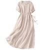 Women Cotton Linen Korean Style Fashion A-Line Dresses Summer Half Sleeve Lace-Up Waist-Defined Floral Casual Dress