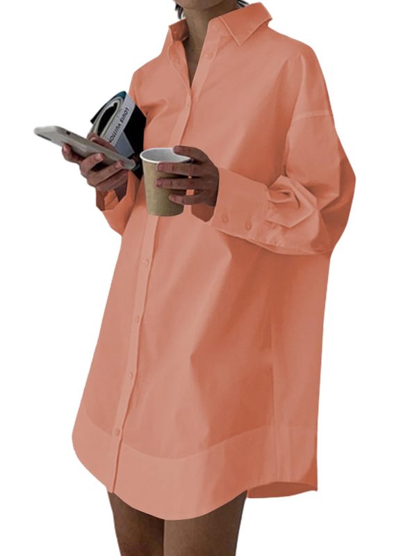 Women's Casual Shirt Dress Collar V Neck Button Down Loose Long Sleeve Mini Dresses
