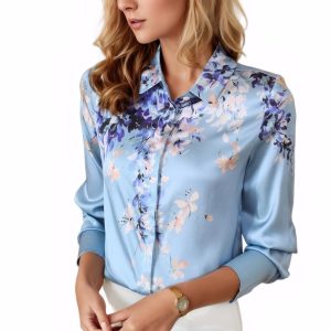 Women's Printed Flowers Commercial Long Sleeved Casual Loose Lapel Button Down Shirt Blouse Tops.
