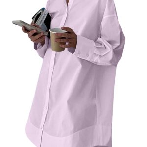 Women's Casual Shirt Dress Collar V Neck Button Down Loose Long Sleeve Mini Dresses Light Purple X-Large