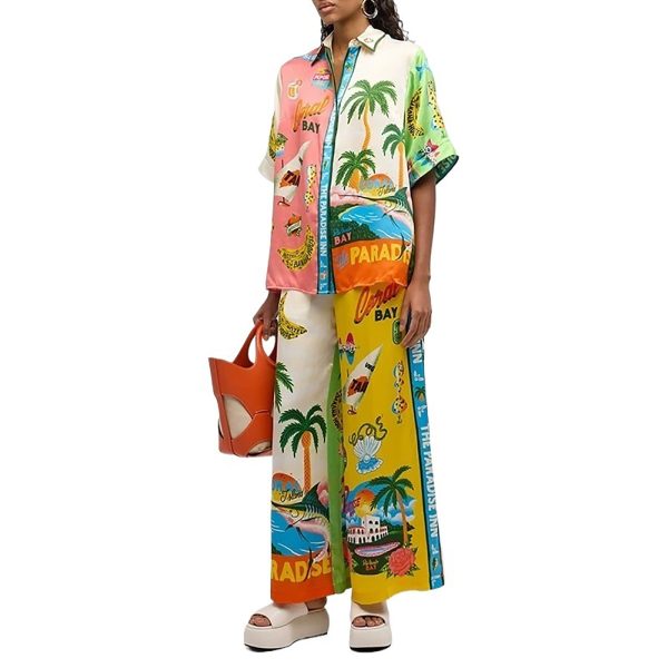 Floral two piece sets for women, Casual Floral Fruit Print Short Sleeve Shirt Wide Leg Pants Hawaii Beach Outfits