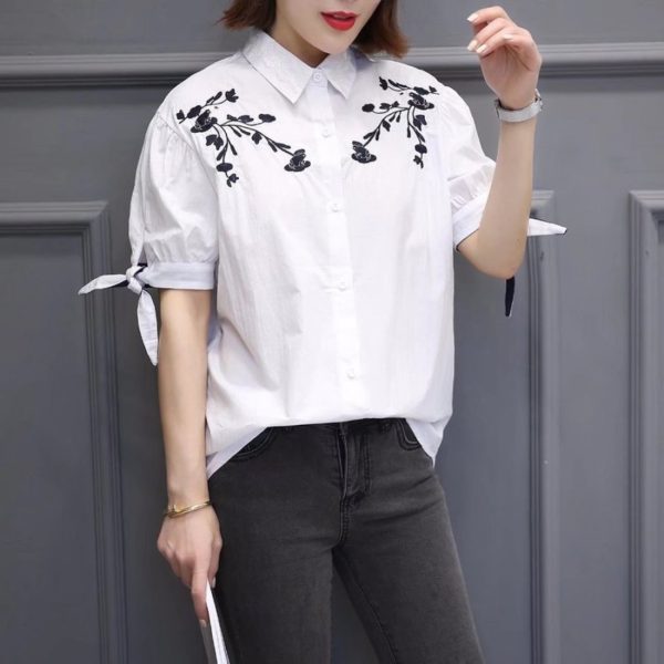 Girl's Fashion Embroidery Half Sleeve Shirt White