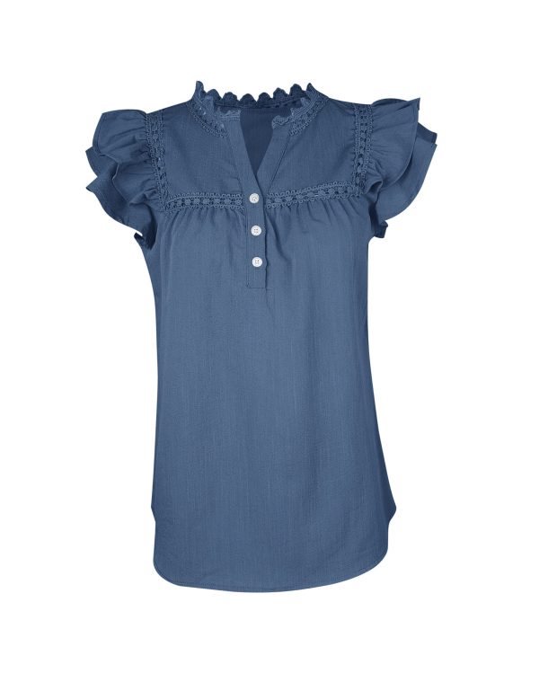 Women's V Neck Lace Crochet Shirts Button Down Short Sleeve Casual Blouse Tops