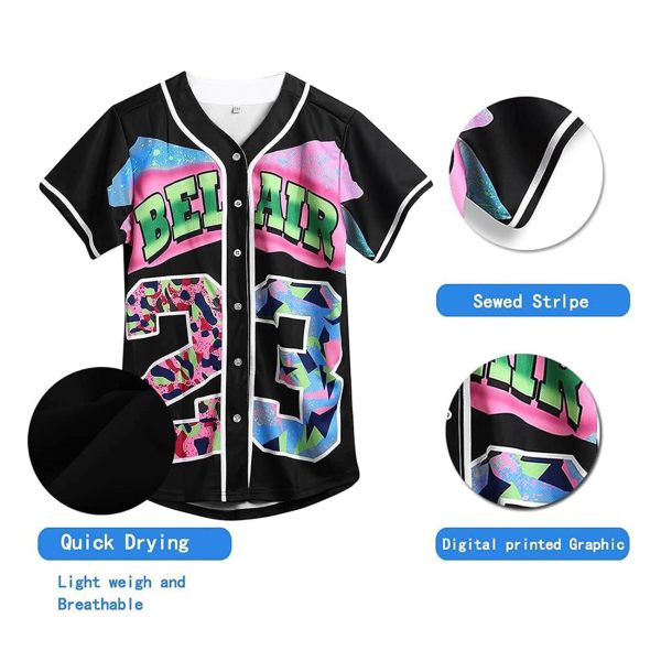 90s Clothing for Women,Unisex Hip Hop Outfit for Party,Bel Air Baseball Jersey,Short Sleeve Button Down Shirt