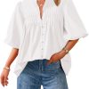 Women's 2025 Summer Short Lantern Sleeve Tops Loose Fit Button Down Shirt Casual Pleated V Neck Blouses