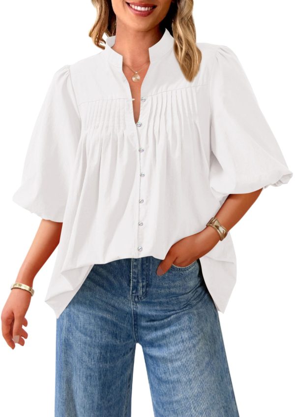 Women's 2025 Summer Short Lantern Sleeve Tops Loose Fit Button Down Shirt Casual Pleated V Neck Blouses