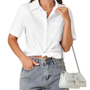 Women’s Short Sleeve Button Down Shirt Collared Cotton Casual Summer Blouse Top with Pocket