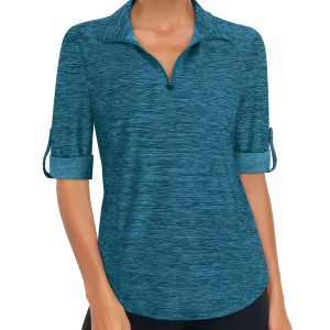 Womens 3/4 Roll Sleeve 1/4 Zip Pullover Golf Shirts Athletic Hiking Running Workout Tops UPF 50+