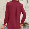 Womens Button Down Shirts V Neck Rolled Up Long Sleeve Tops Elegant Dressy Blouses Business Casual Outfits