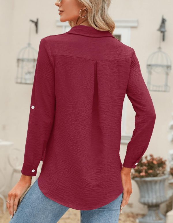 Womens Button Down Shirts V Neck Rolled Up Long Sleeve Tops Elegant Dressy Blouses Business Casual Outfits