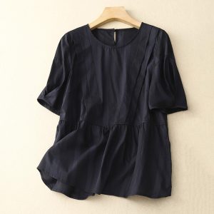 Women Pleated Babydoll Shirts Cotton Linen Half Sleeve Crewneck Flowy Tops Keyhole Back Summer Casual Loose Blouses