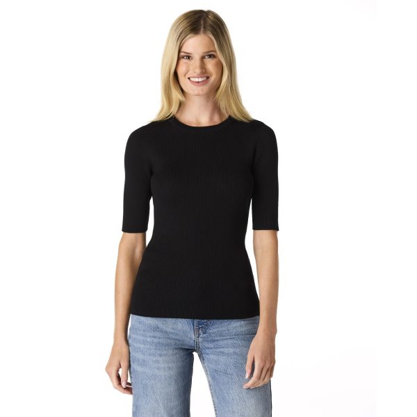 Women's Crewneck Ribbed Sweater Elbow-Length Sleeve Top, Layering Piece, Casual & Versatile- Papyrus, S