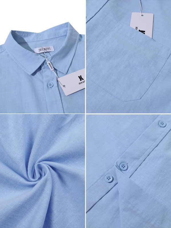 Button Down Linen Shirts for Men Casual Long Sleeve Regular Fit Cotton Beach Shirts with Pocket