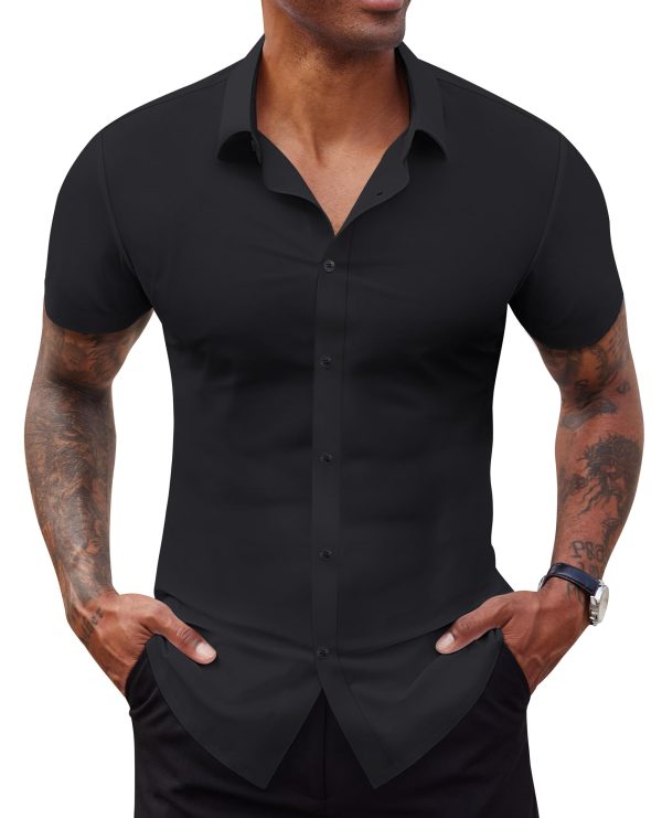 Stretch Dress Shirts for Men Short Sleeve Slim Fit Casual Button Down Shirts Muscle Fit Men's Dress Shirts
