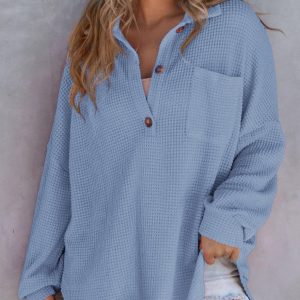 Women Waffle Knit Tops Henley Shirts Long Sleeve V Neck Solid Color Casual Tunic
