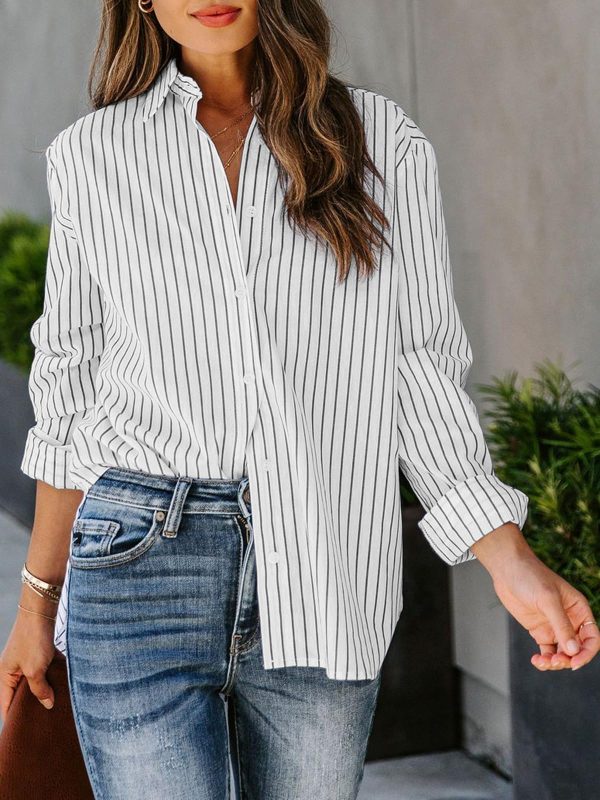 Womens Button Down Shirts Cotton Striped Dress Shirt Long Sleeve Collared Office Work Blouses Tops