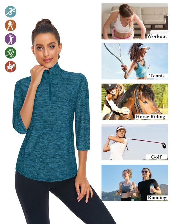Womens 3/4 Roll Sleeve 1/4 Zip Pullover Golf Shirts Athletic Hiking Running Workout Tops UPF 50+
