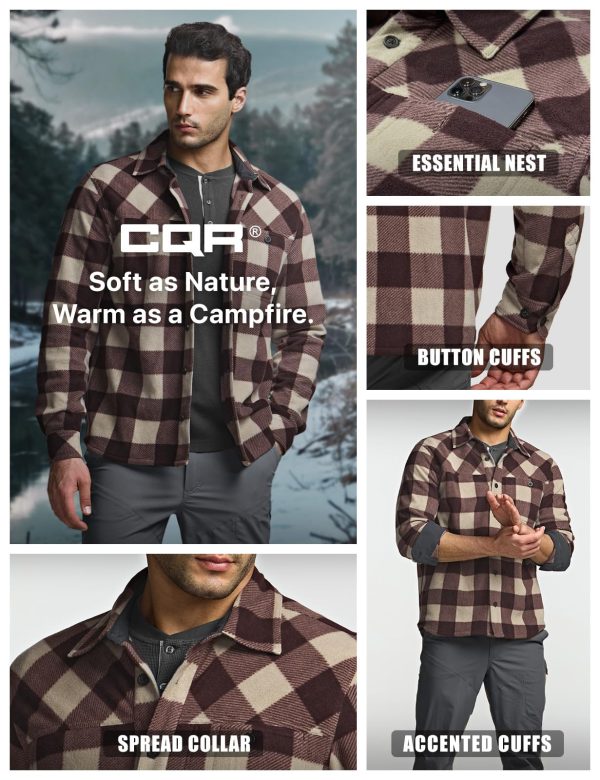 Men's Long Sleeve Heavyweight Fleece Shirts, Plaid Button Up Shirt, Warm Outdoor Casual Shirt with Pockets