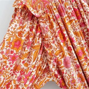 Women Drawstring Floral Print Beach Bohemian Loose Mini Dress V-Neck Half Sleeve Tassel