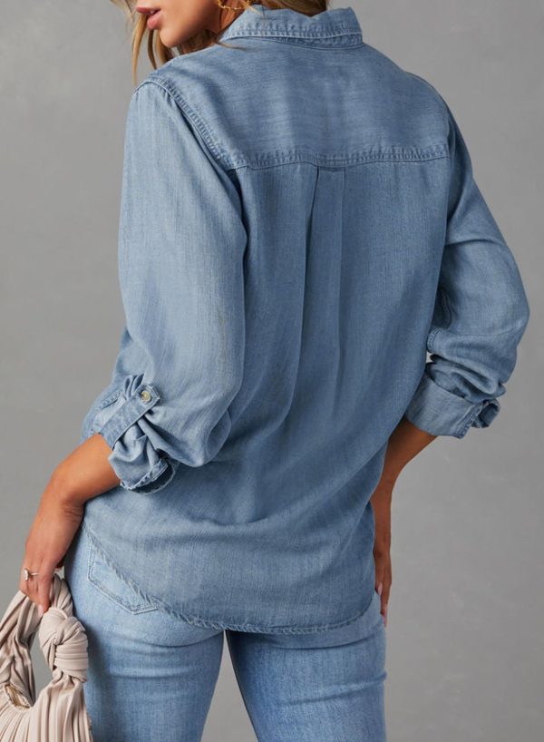 Women Button Down Denim Shirts Casual Long Sleeve V Neck Chambray Blouse Top