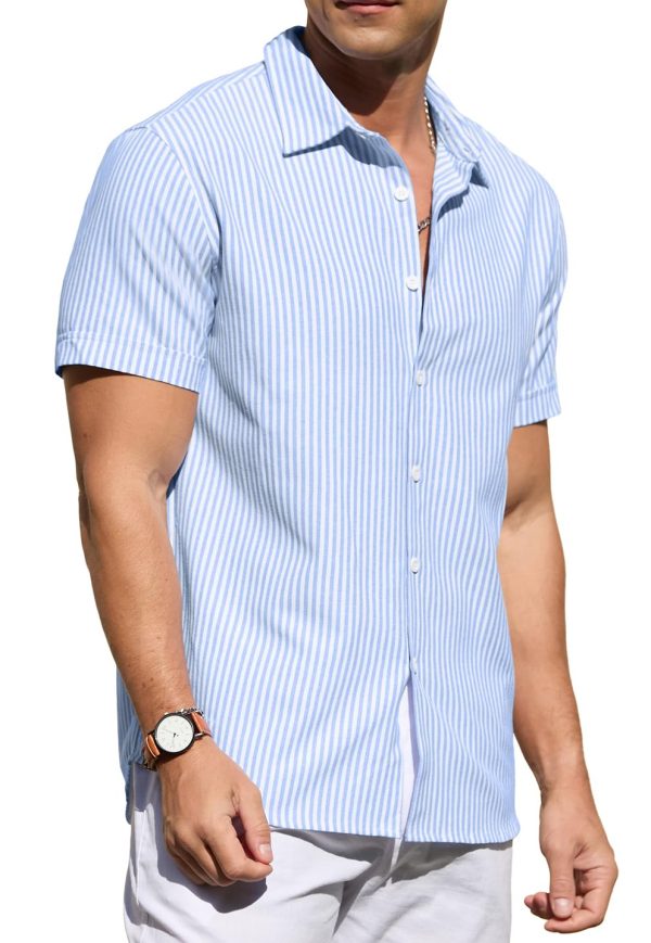 Men's Casual Button Down Shirts Short Sleeve Striped Cotton Beach Summer Vacation Shirt