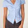 Women's Short Sleeve Blouses Button Down Shirts Business Casual Striped T Shirts Puff Sleeve