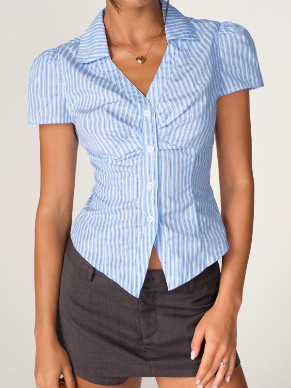 Women's Short Sleeve Blouses Button Down Shirts Business Casual Striped T Shirts Puff Sleeve