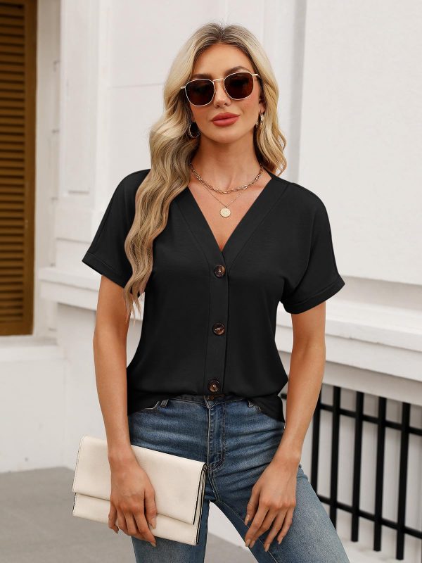 Womens Summer Tops Short Sleeve Button Down Shirts Casual V Neck T Shirts Trendy Tunic Tops