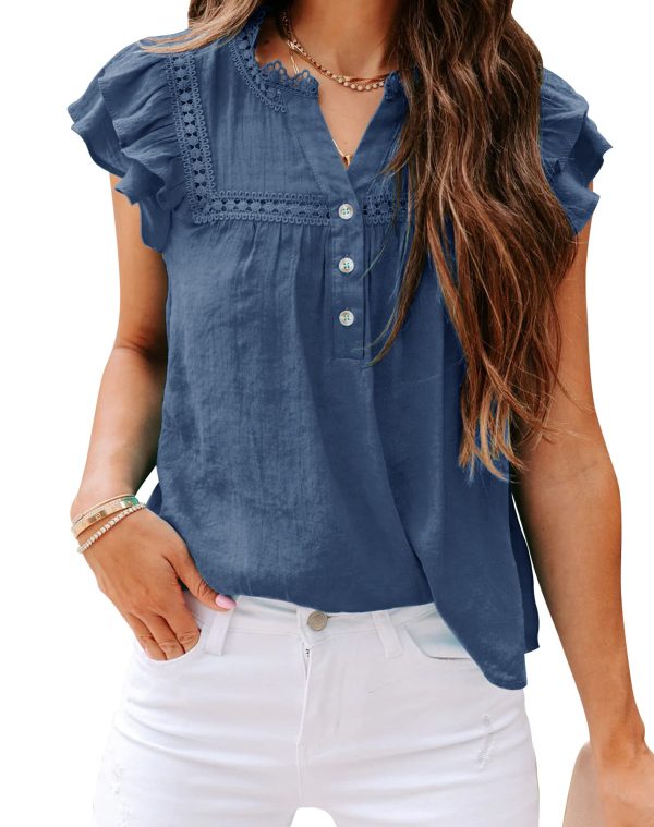 Women's V Neck Lace Crochet Shirts Button Down Short Sleeve Casual Blouse Tops