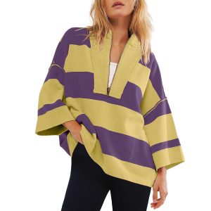 Oversized Sweatshirts for Women Half Zip Up V Neck Color Block Pullover Fall Casual Drop Shoulder Long Sleeve Tops