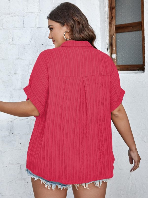 Women Plus Size Button Down Short Sleeve Shirts Collared Textured Summer Blouse Casual Tops with Pockets