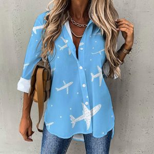 Airplane Print Women's Button Down Shirts Long Sleeve Casual Blouses Tops