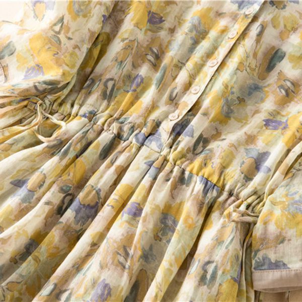 Women Boho Floral Cotton Linen Button Down Shirt Dress with Belt Summer Half Sleeve Lapel Casual Dressy Tunic Dress