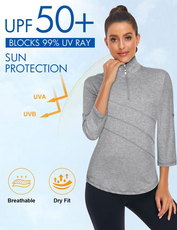 Women's 3/4 Roll Sleeve Golf Tennis Polo Shirts UPF50+ Half Zip Dry Fit Workout Tops Athletic Shirt