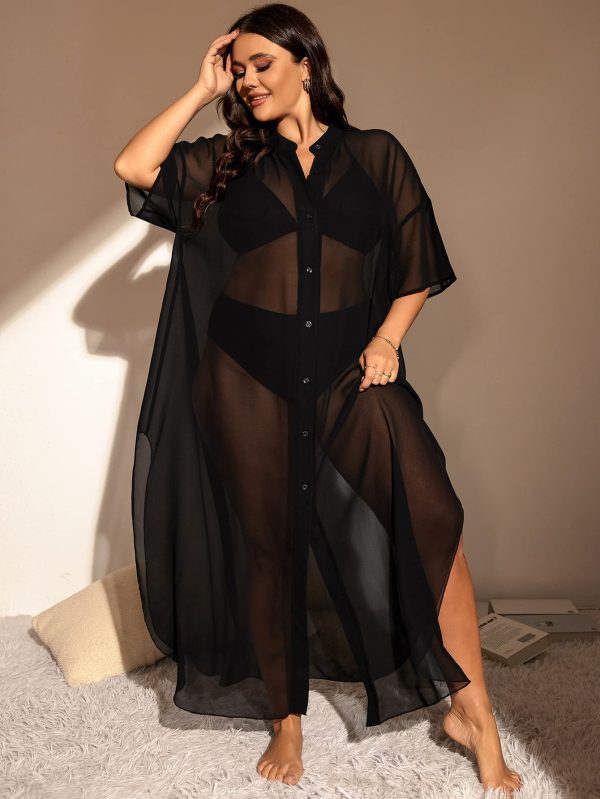 Women's Plus Size Sheer Mesh Half Sleeve Loose Swimsuit Maxi Dress Cover Up