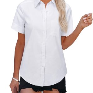 Womens Short Sleeve Button Down Shirts Stretch Oxford Shirts Cotton Dress Shirt Collared Blouse Formal Work Tunic Tops