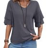 Womens Double Layer Bell Sleeve T Shirt V Neck Tee Top