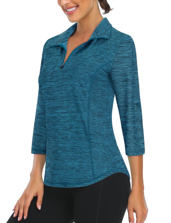 Womens 3/4 Roll Sleeve 1/4 Zip Pullover Golf Shirts Athletic Hiking Running Workout Tops UPF 50+
