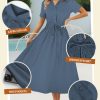 Womens Midi Dress Short Sleeve V Neck Button Front Casual Flowy A-Line Shirt Dresses with Pockets for Summer Spring