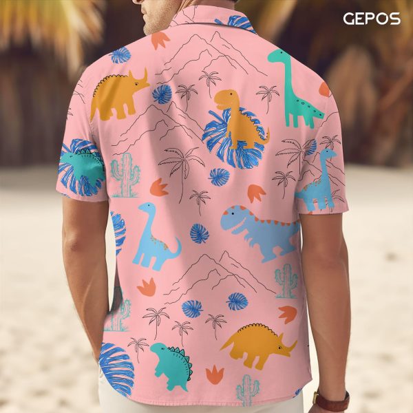 Dinosaur Short Sleeve Hawaiian Shirt, Funny Animal Print Casual Button Shirt, Summer Gifts, Birthday Gifts