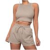 Women Waffle Knit Workout 2 Piece Outfits Sleeveless Cropped Tank Tops and Wide Leg Shorts Lounge Set Tracksuits