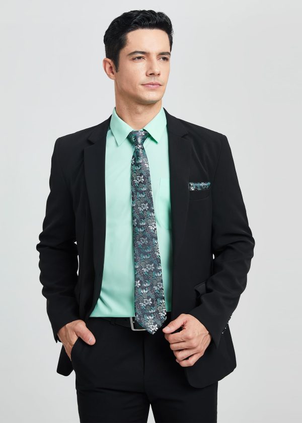 Men's Solid Long Sleeve Dress Shirt with Matching Tie and Handkerchief Set Classic Button Down Formal Business Shirts