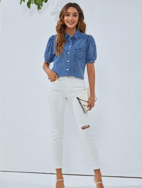Womens Denim Shirt Business Casual Button Down Work Blouses Puff Sleeve Summer Tops