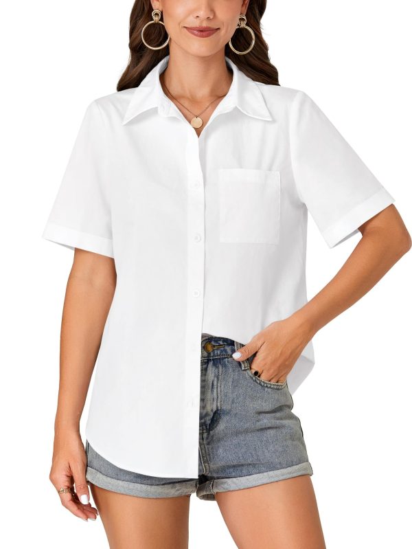 Women’s Short Sleeve Button Down Shirt Collared Cotton Casual Summer Blouse Top with Pocket