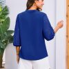 Women's Dressy Casual Tops 3/4 Sleeve Business Work Blouses Hollow Out Embroidery Button Down Shirts