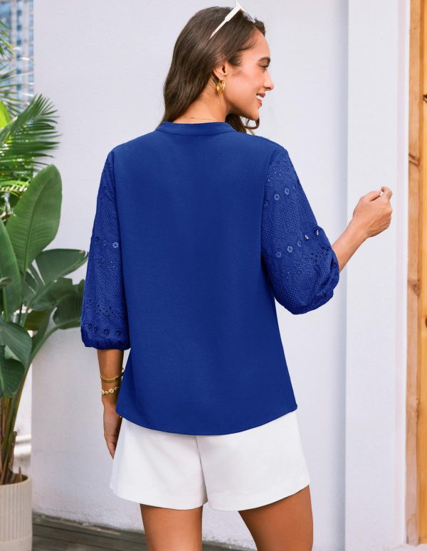 Women's Dressy Casual Tops 3/4 Sleeve Business Work Blouses Hollow Out Embroidery Button Down Shirts