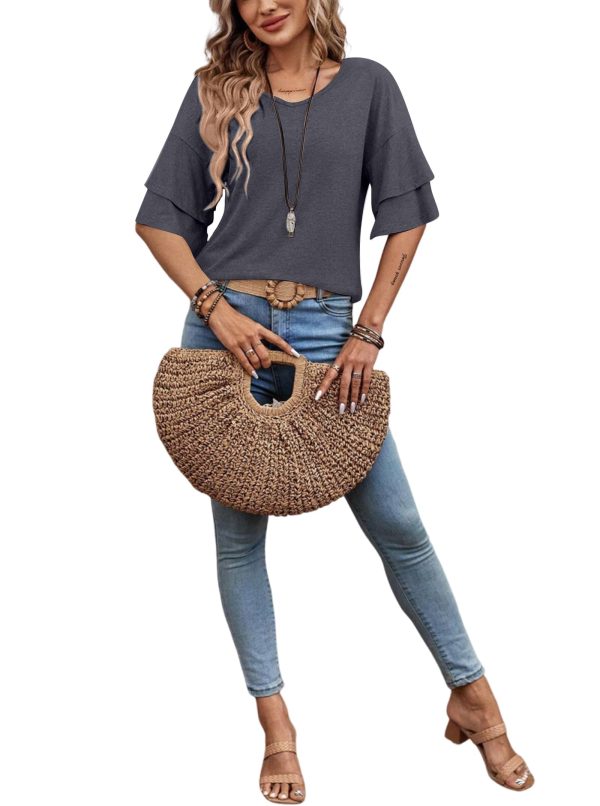 Womens Double Layer Bell Sleeve T Shirt V Neck Tee Top